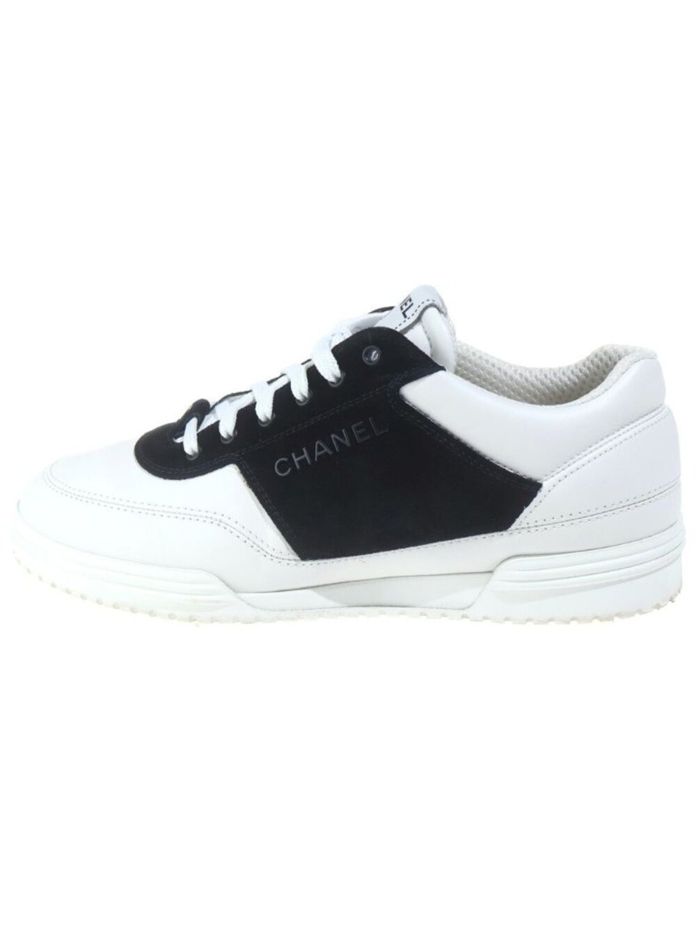 Chanel CC Logo Sneakers White Black Leather Suede